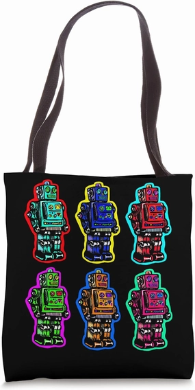 Colorful Tin Robot Army Illustration Tote Bag