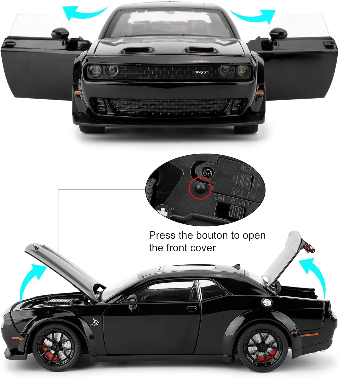 Compatible for 1/24 Dodge Challenger SRT Hellcat Car Model, Collectible Die-Cast Model Car with Lights and Sounds,Pull Back Car Toy for Adults Kids Birthday Gifts Decoration (Black)