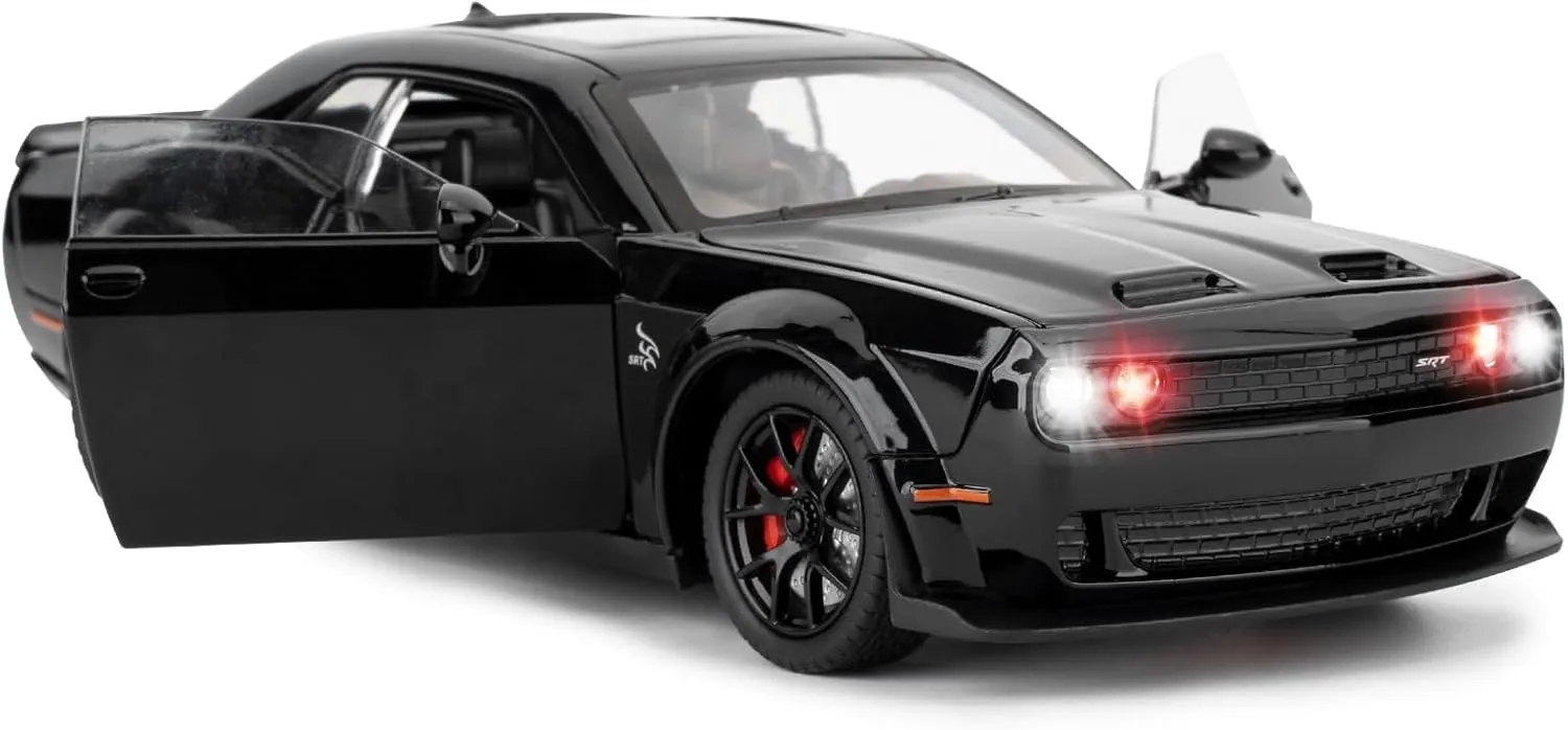 Compatible for 1/24 Dodge Challenger SRT Hellcat Car Model, Collectible Die-Cast Model Car with Lights and Sounds,Pull Back Car Toy for Adults Kids Birthday Gifts Decoration (Black)