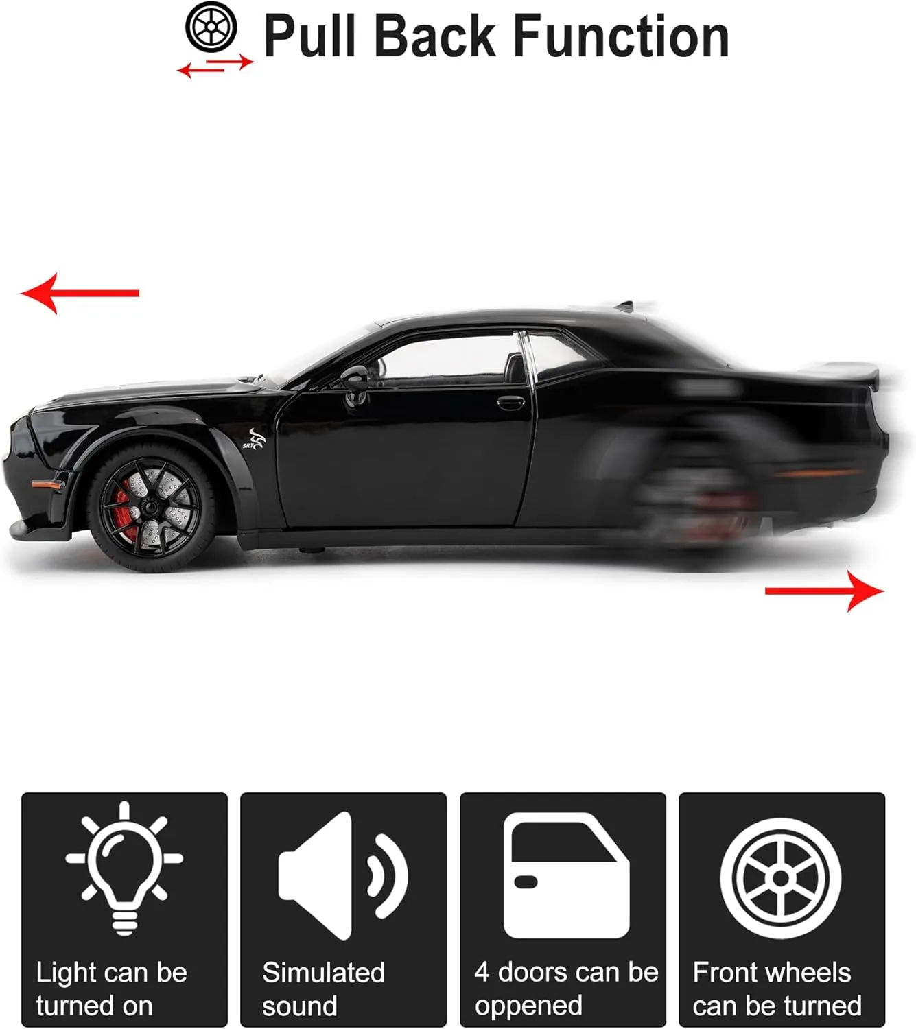 Compatible for 1/24 Dodge Challenger SRT Hellcat Car Model, Collectible Die-Cast Model Car with Lights and Sounds,Pull Back Car Toy for Adults Kids Birthday Gifts Decoration (Black)