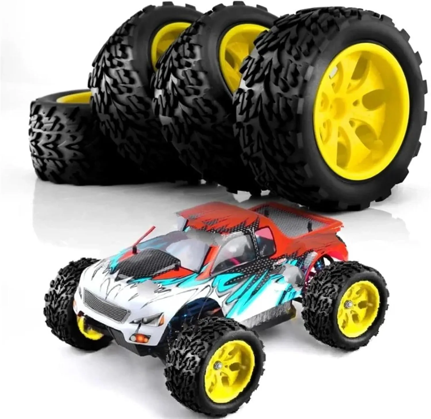 Compatible with 88025 for HSP 94111 94108 94188 1:10 for Monster Truck 4pcs RC Rubber Sponge Tires Tyre Wheel Rim RC Wheel Tires(Yellow)