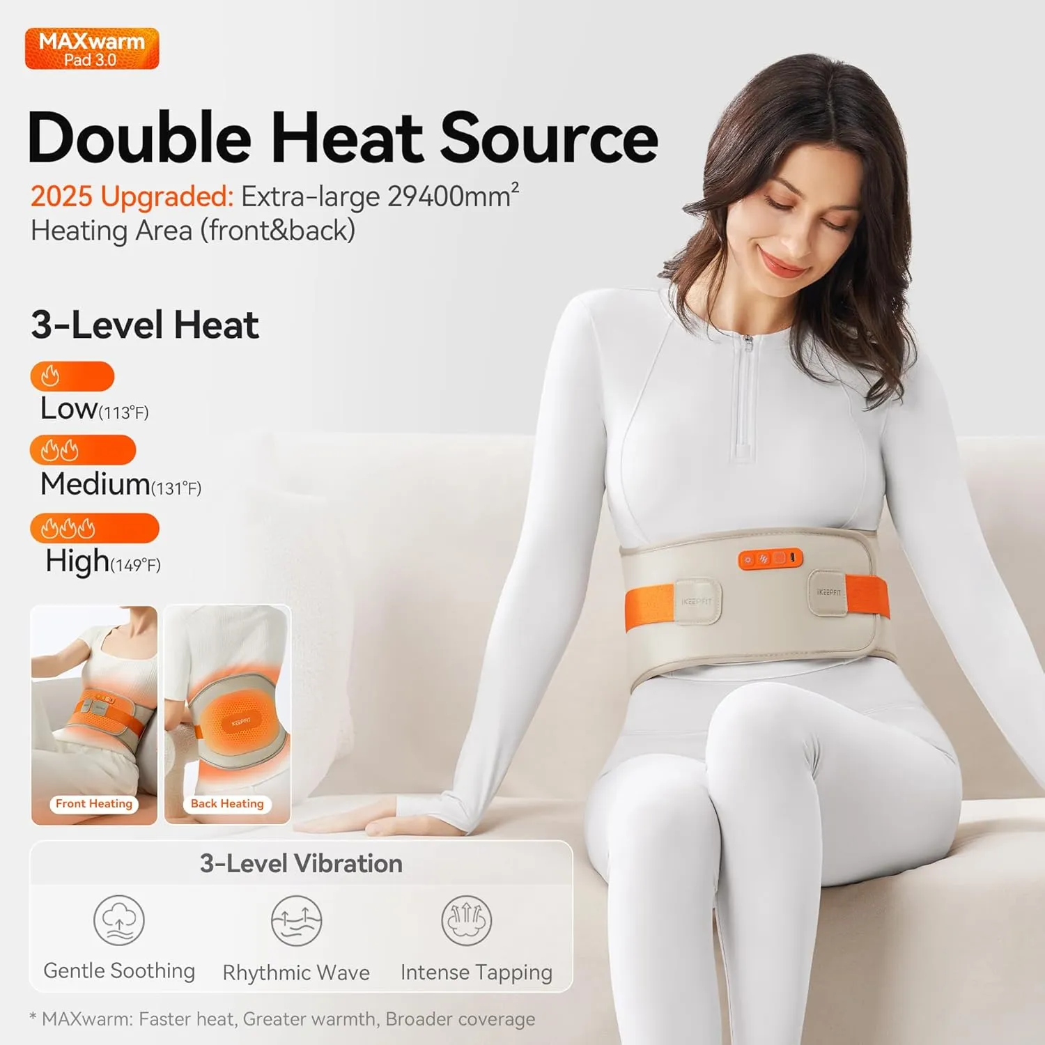 Cordless Heating Pad for Back Pain Relief: MAXwarm 3.0[2025 Upgraded], IKEEPFIT Electric Heat Pad with Massager for Period Cramps, Extra Large 65", 8000mAh Battery, Gift for Women Men (Beige)
