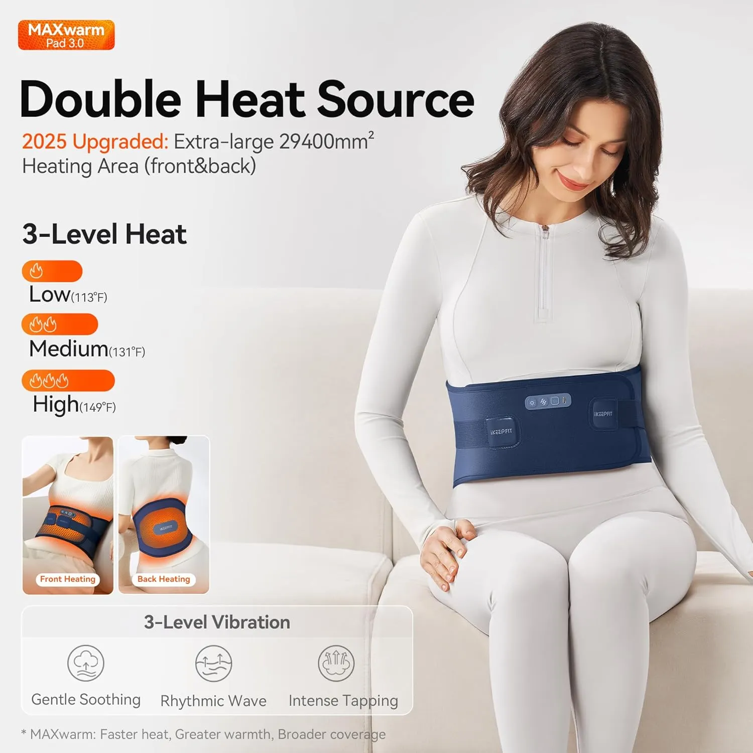 Cordless Heating Pad for Back Pain Relief: MAXwarm 3.0[2025 Upgraded], IKEEPFIT Electric Heat Pad with Massager for Period Cramps, Extra Large 65", 8000mAh Battery, Gift for Women Men (Blue)