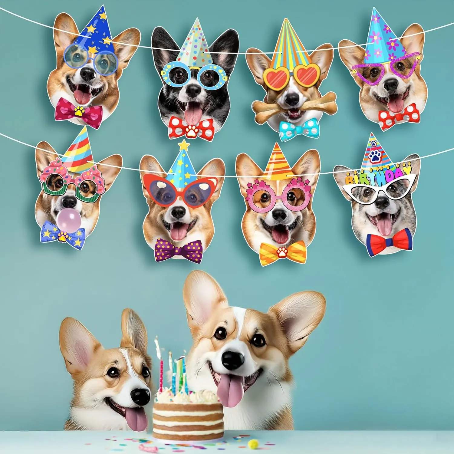 Corgi Dog Birthday Garland, Photographic Corgi Faces Birthday Banner, Funny Corgis Dog Bday Party Bunting Decoration