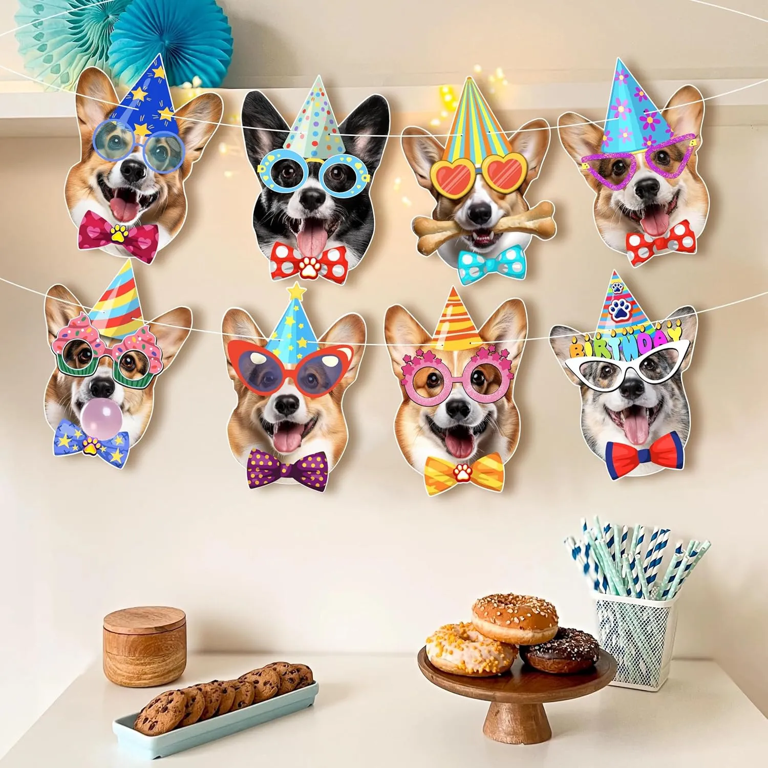 Corgi Dog Birthday Garland, Photographic Corgi Faces Birthday Banner, Funny Corgis Dog Bday Party Bunting Decoration