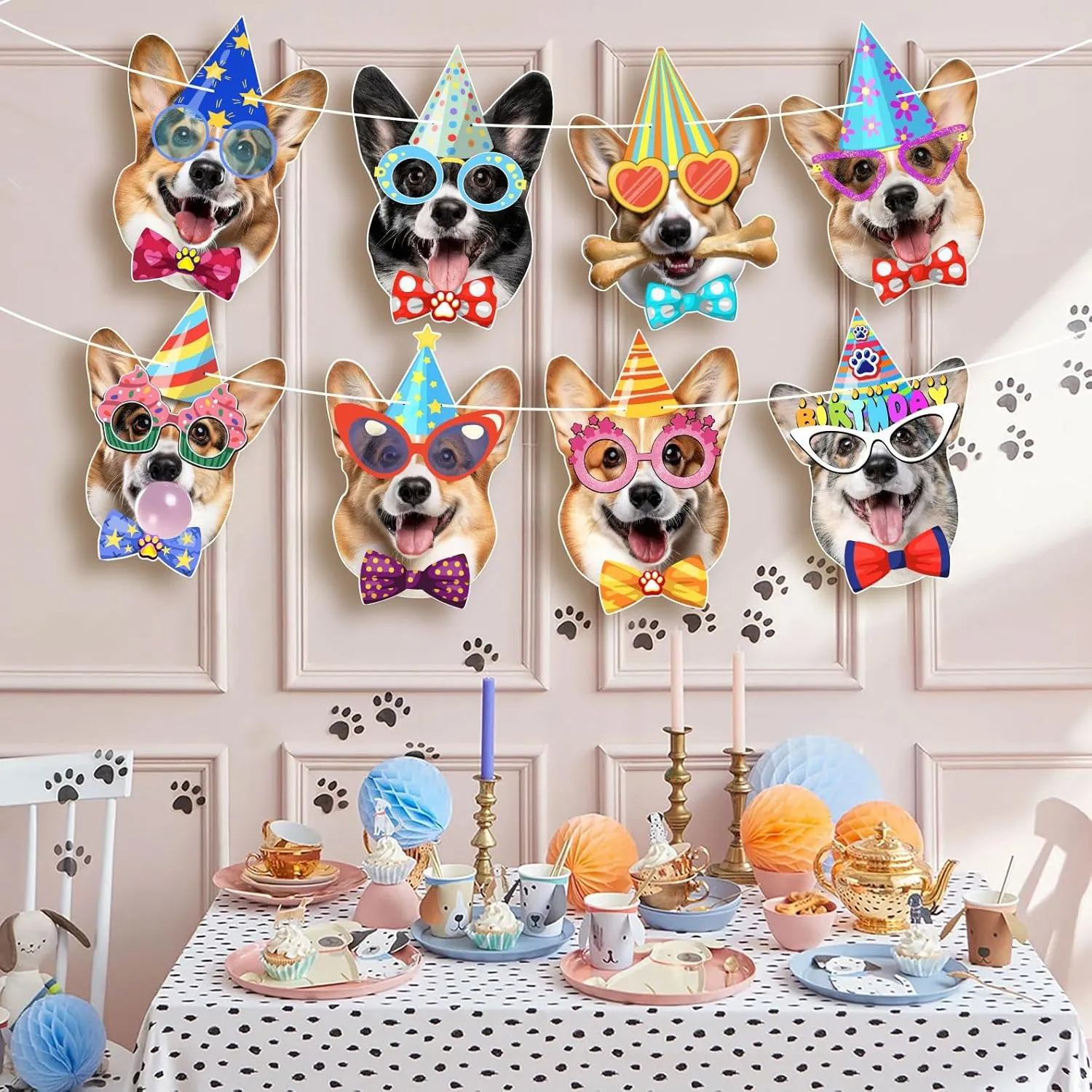 Corgi Dog Birthday Garland, Photographic Corgi Faces Birthday Banner, Funny Corgis Dog Bday Party Bunting Decoration