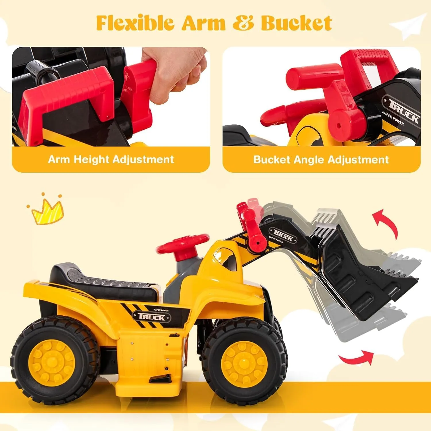 Costzon 2-in-1 Ride on Excavator Bulldozer, 6V Electric Excavator Ride on Toy with 3 Balls & Basketball Hoop, Adjustable Bucket, Ride on Construction Vehicles for Kids, Push Car Gift for Boys Girls