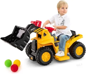 Costzon 2-in-1 Ride on Excavator Bulldozer, 6V Electric Excavator Ride on Toy with 3 Balls & Basketball Hoop, Adjustable Bucket, Ride on Construction Vehicles for Kids, Push Car Gift for Boys Girls