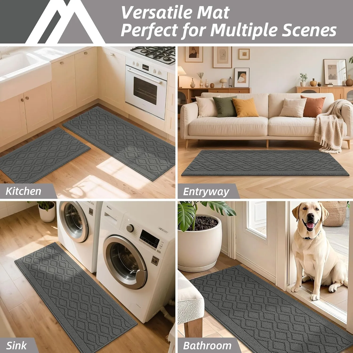COSY HOMEER 48x20 Inch/30X20 Inch Kitchen Rug Mats Made of 100% Polypropylene 2 Pieces Soft Kitchen Mat Specialized in Anti Slippery and Machine Washable (Grey)