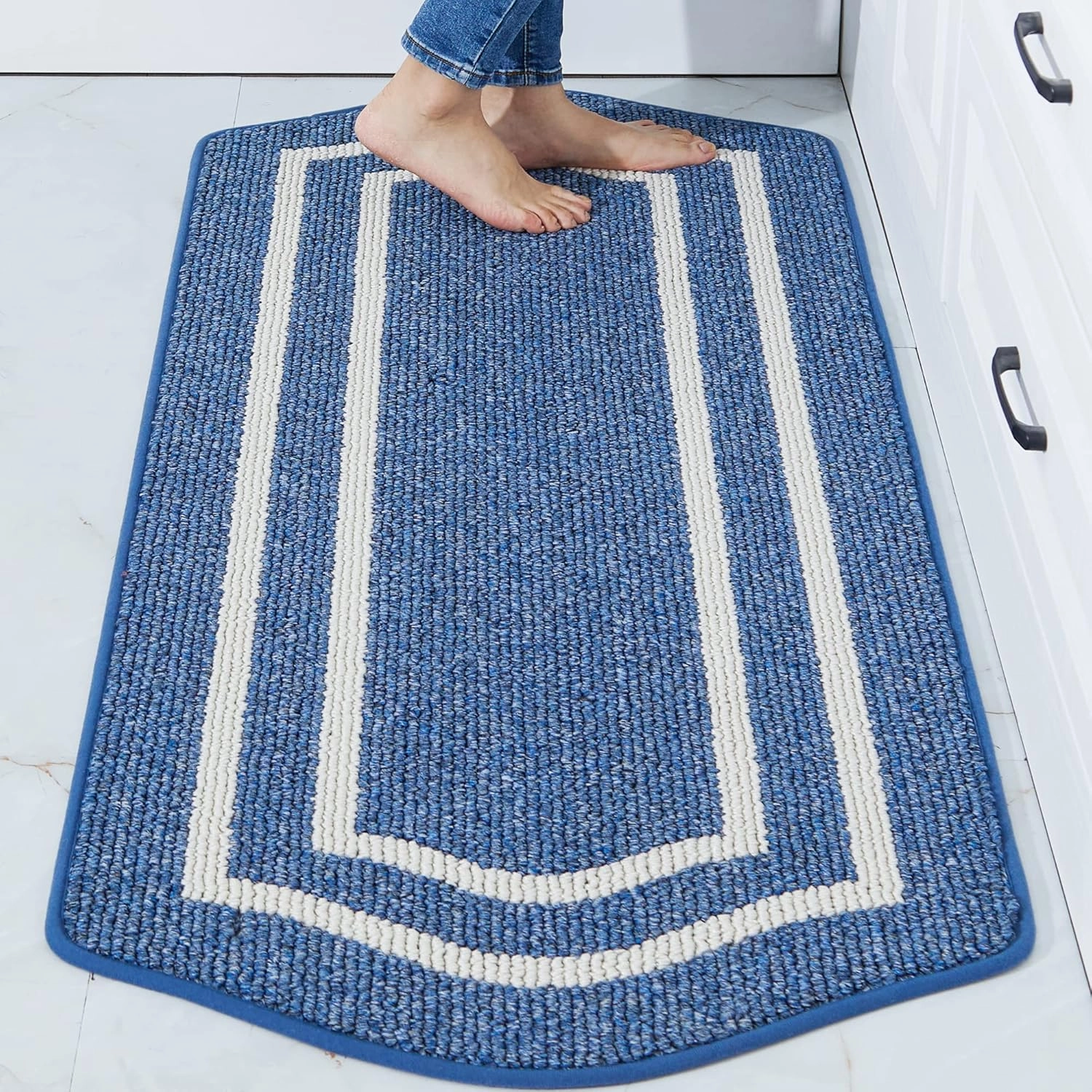 COSY HOMEER Long Kitchen Floor Mats for in Front of Sink Super Absorbent Kitchen Rugs and Mats 24"x48" Non-Skid Kitchen Mat Standing Mat Washable,Polypropylene,Blue,Frame