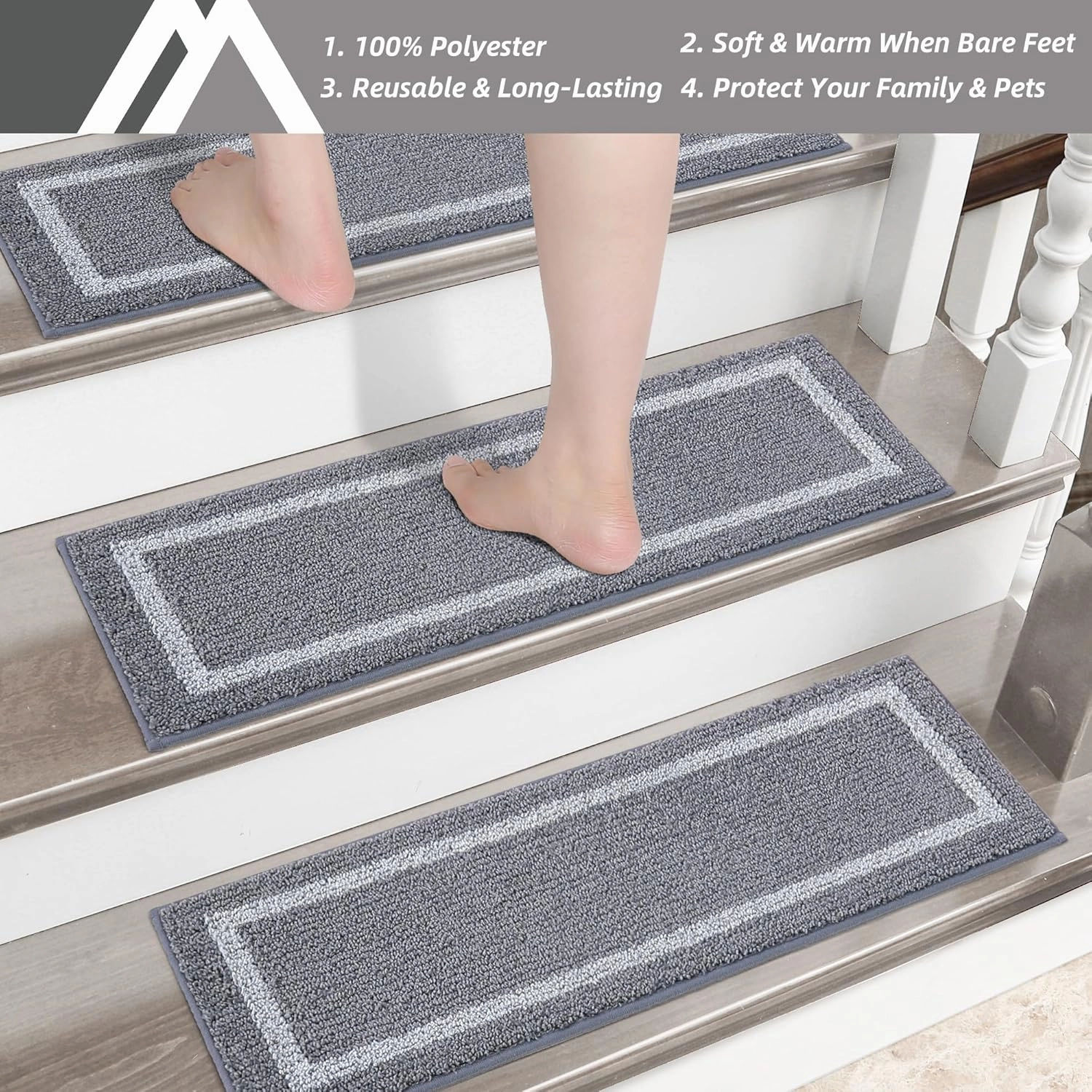 COSY HOMEER Soft Stair Treads Non-Slip Carpet Mat 28inX9in Indoor Stair Runners for Wooden Steps, Stair Rugs for Kids and Dogs, 100% Polyester TPE Backing 7pcs,Grey,Square