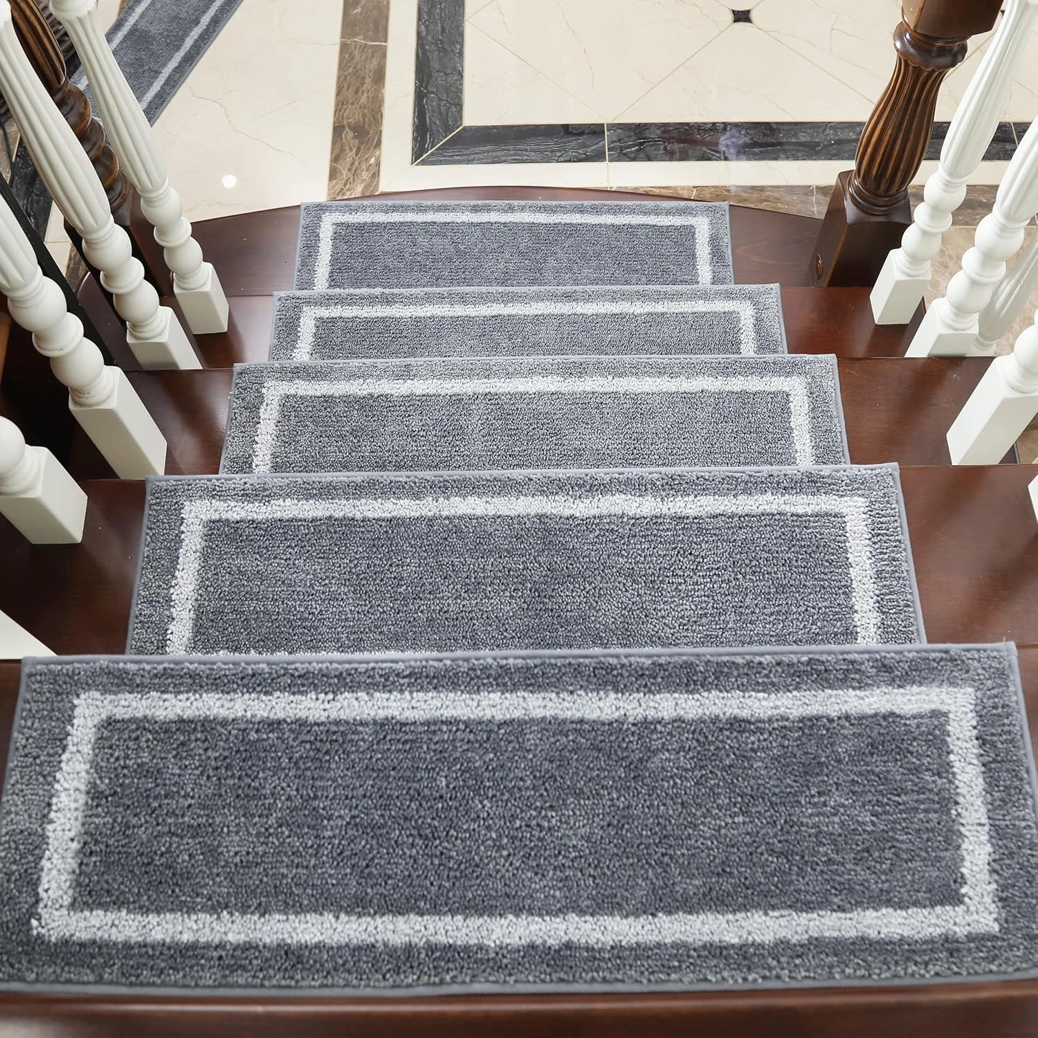 COSY HOMEER Soft Stair Treads Non-Slip Carpet Mat 28inX9in Indoor Stair Runners for Wooden Steps, Stair Rugs for Kids and Dogs, 100% Polyester TPE Backing 7pcs,Grey,Square