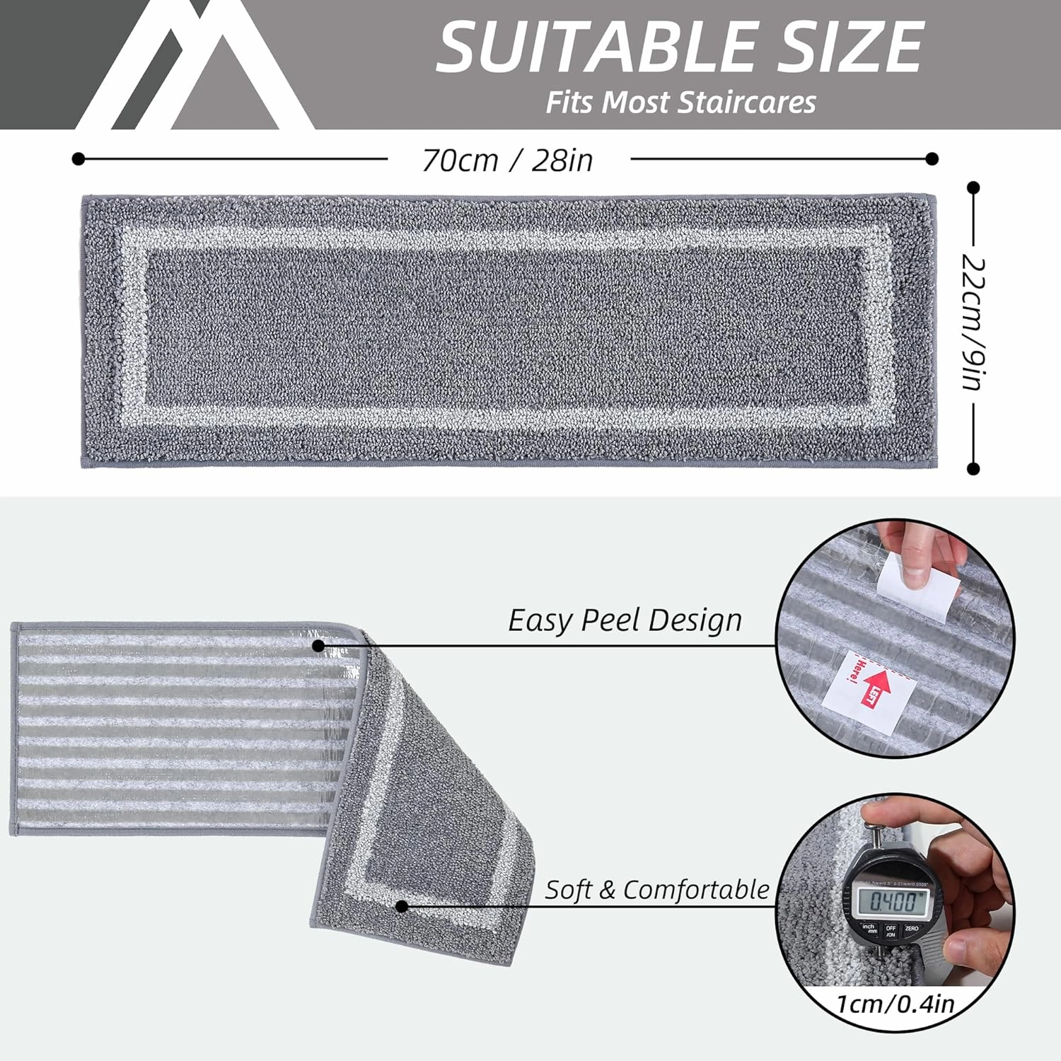 COSY HOMEER Soft Stair Treads Non-Slip Carpet Mat 28inX9in Indoor Stair Runners for Wooden Steps, Stair Rugs for Kids and Dogs, 100% Polyester TPE Backing 7pcs,Grey,Square
