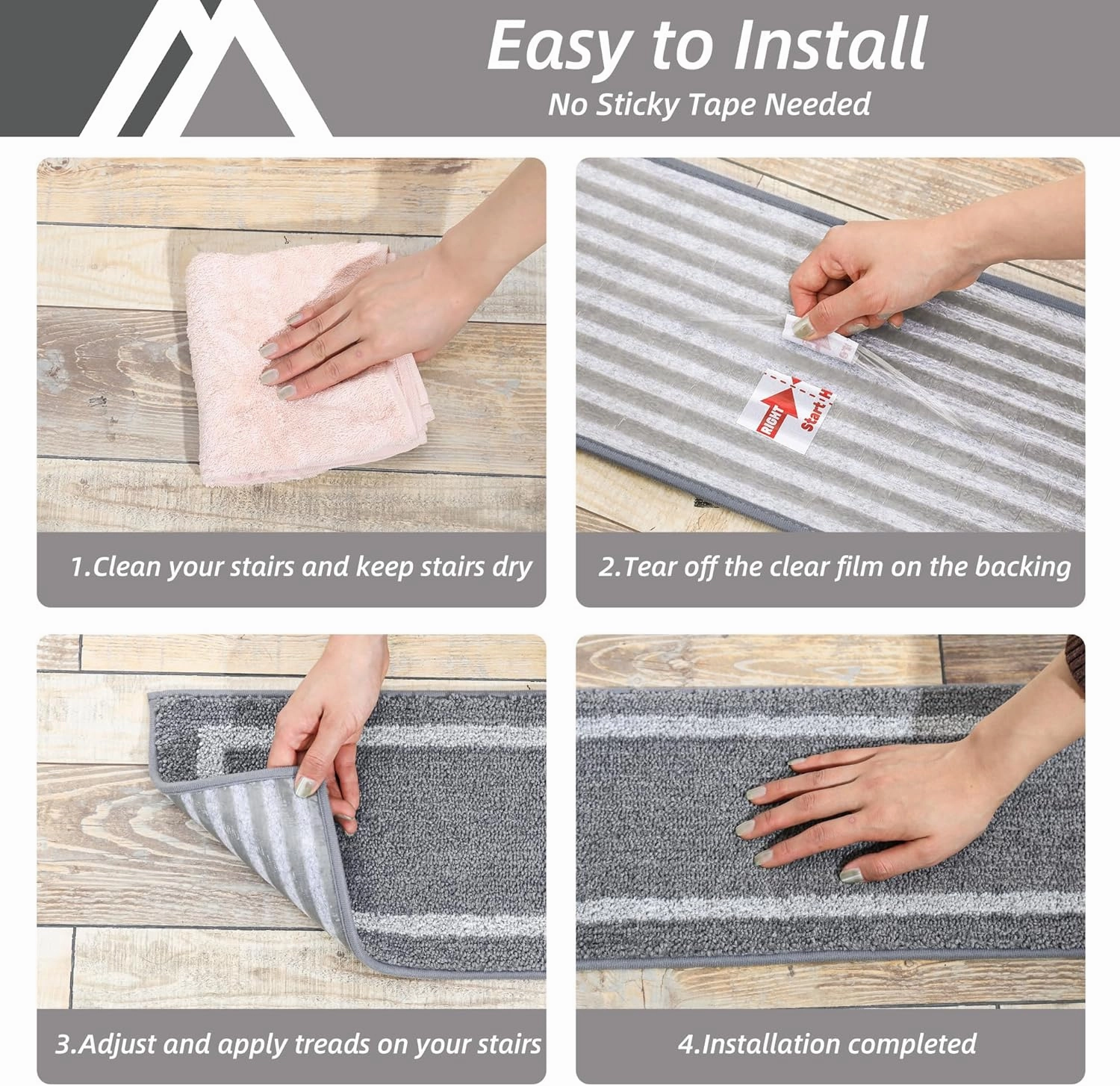 COSY HOMEER Soft Stair Treads Non-Slip Carpet Mat 28inX9in Indoor Stair Runners for Wooden Steps, Stair Rugs for Kids and Dogs, 100% Polyester TPE Backing 7pcs,Grey,Square