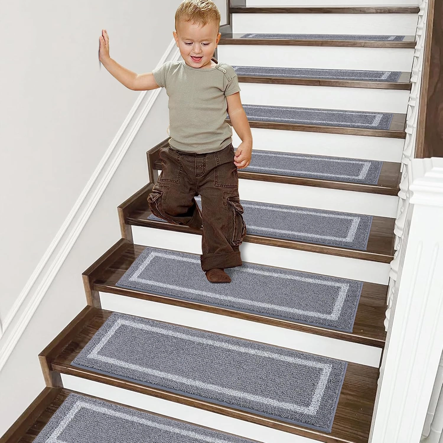 COSY HOMEER Soft Stair Treads Non-Slip Carpet Mat 28inX9in Indoor Stair Runners for Wooden Steps, Stair Rugs for Kids and Dogs, 100% Polyester TPE Backing 7pcs,Grey,Square