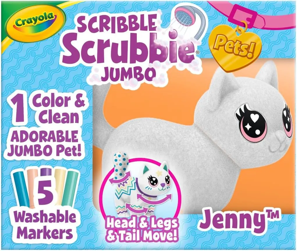 Crayola Scribble Scrubbie Jumbo, Large Posable Animal Toy Cat for Girls & Boys, 6 Inches, Animal Grooming Toy, Gift for Kids