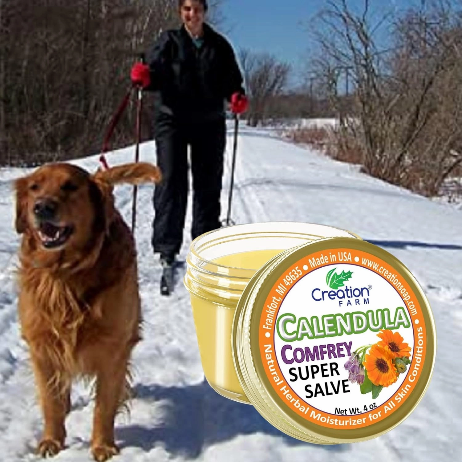 Creation Farm Calendula Comfrey Super Salve 8OZ- (2-4 oz Jars) Balm Soothes Baby Bottoms, Hand Cream for Dry Cracked skin, Tattoos and Beards Grown and Made in USA from Real Herbs