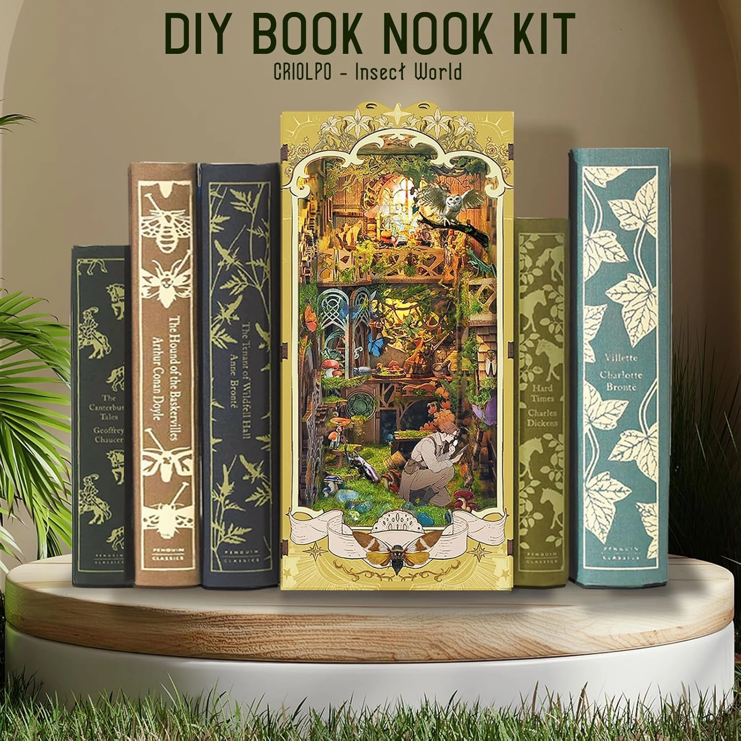 CRIOLPO Book Nook Kit - DIY Doll House Booknook with LED Lights for Adults and Teens, Perfect Halloween Bookshelf Decor, 3D Wooden Puzzle Bookends for Insect Collector(Insect Nooks)