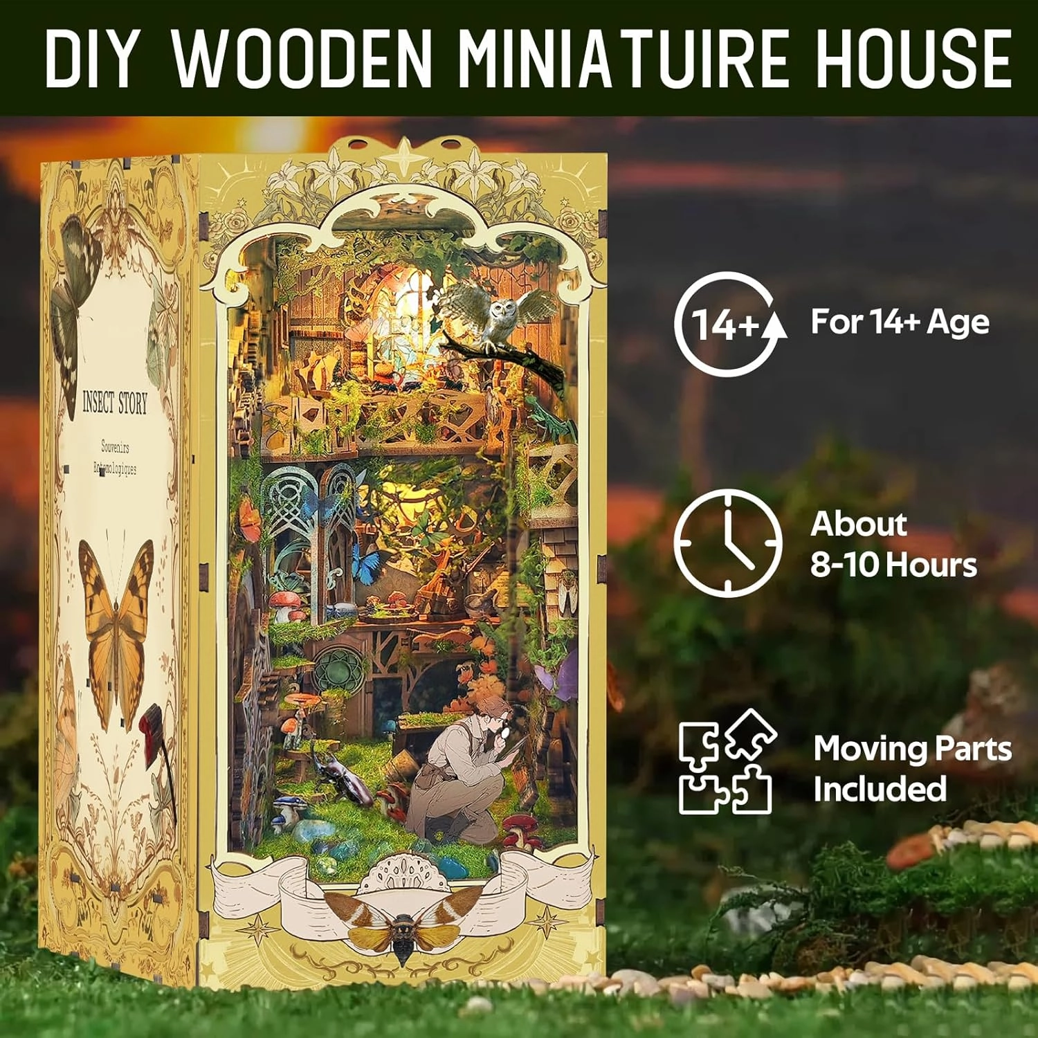 CRIOLPO Book Nook Kit - DIY Doll House Booknook with LED Lights for Adults and Teens, Perfect Halloween Bookshelf Decor, 3D Wooden Puzzle Bookends for Insect Collector(Insect Nooks)