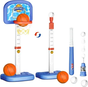 deAO 4-in-1 Basketball Hoop and T Ball Set, Pool Basketball Hoop, Adjustable Height, Kids Baseball Tee with Automatic Pitching Machine, Sports Toys Gifts for Kids 3-5