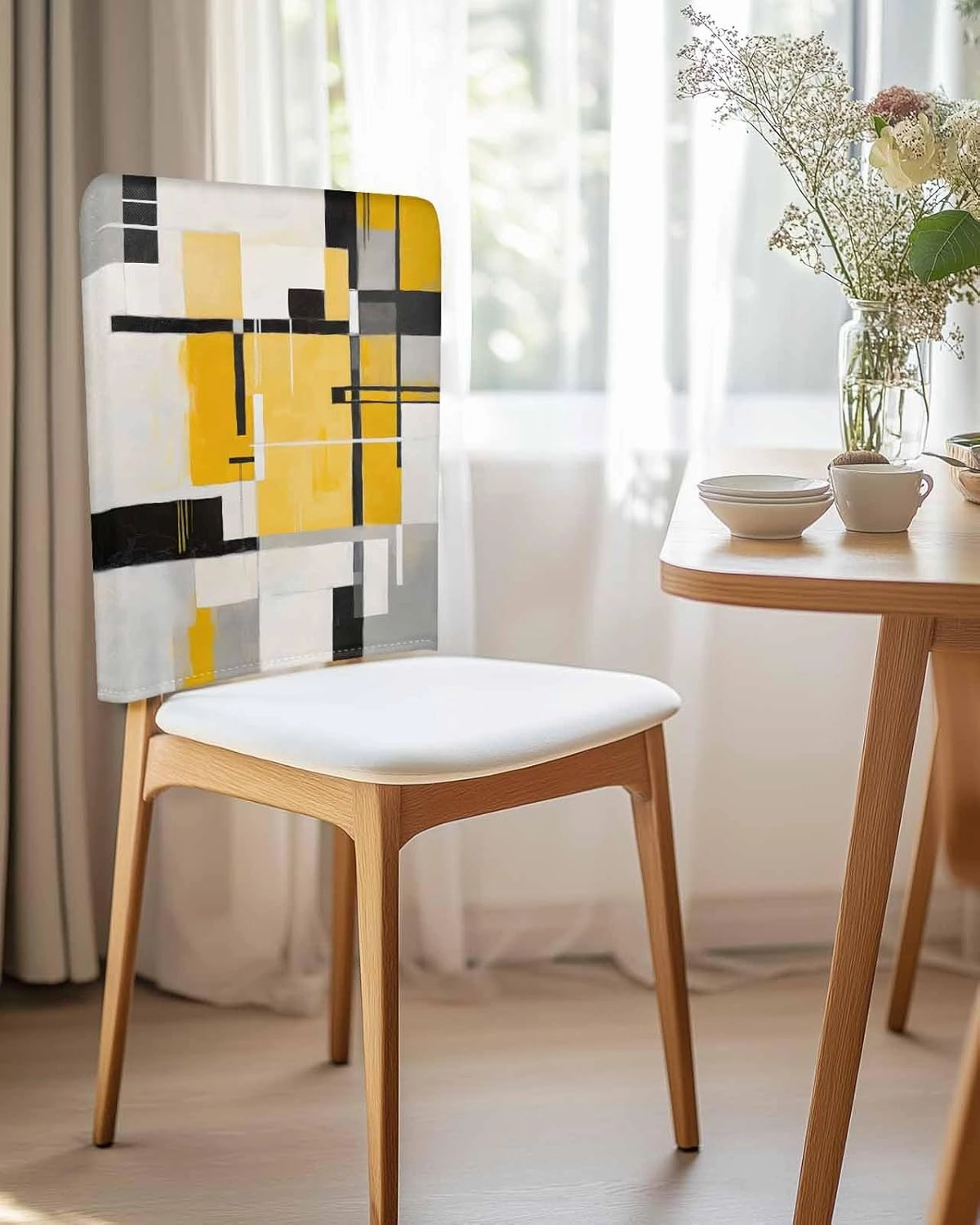 Dining Room Chair Back Covers Set of 4 Abstract Geometric Artwork Removable Kitchen Chair Seat Covers Protector Yellow Black Gray Patchwork Slipcovers for Weeding Holiday Party Decor
