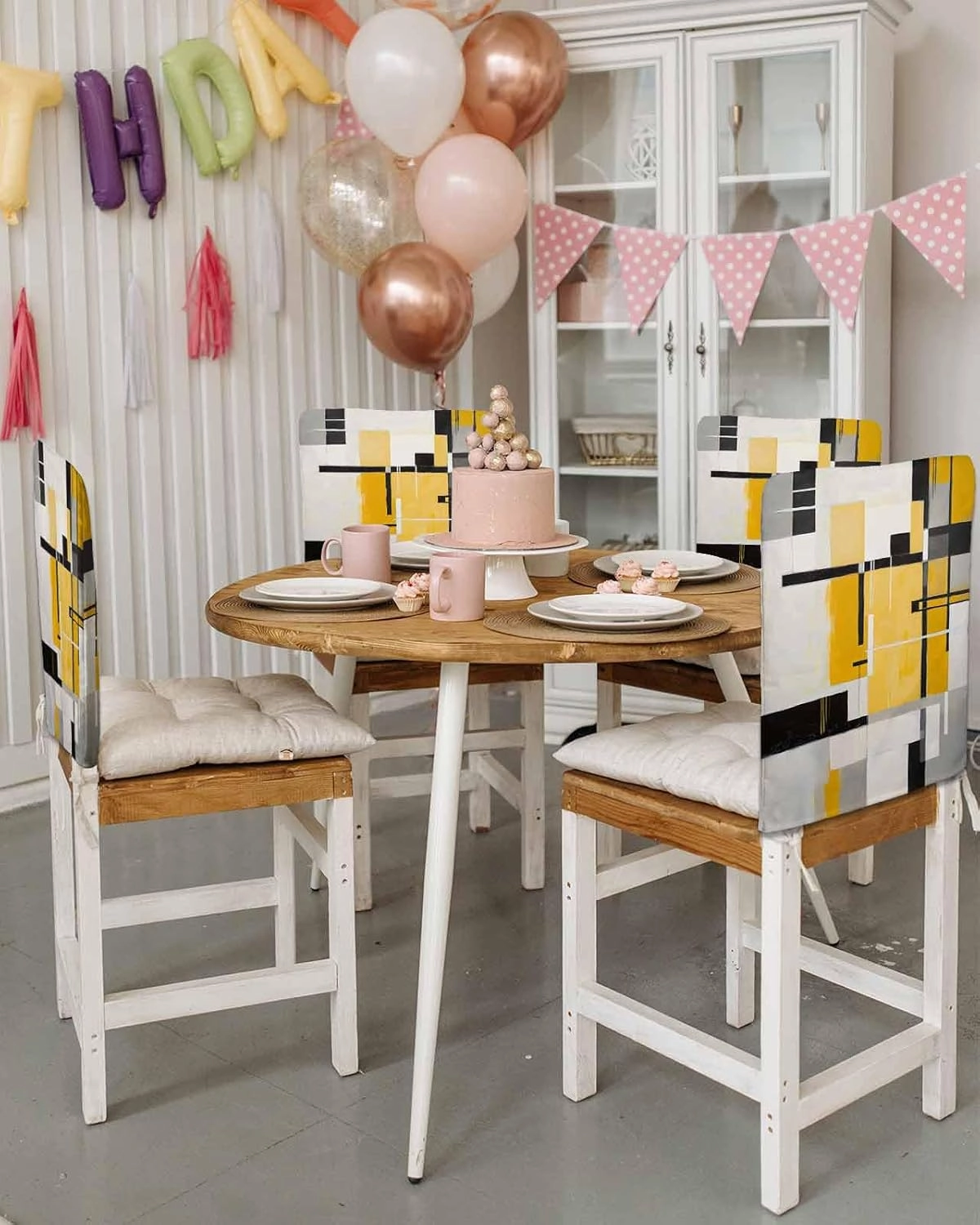 Dining Room Chair Back Covers Set of 4 Abstract Geometric Artwork Removable Kitchen Chair Seat Covers Protector Yellow Black Gray Patchwork Slipcovers for Weeding Holiday Party Decor