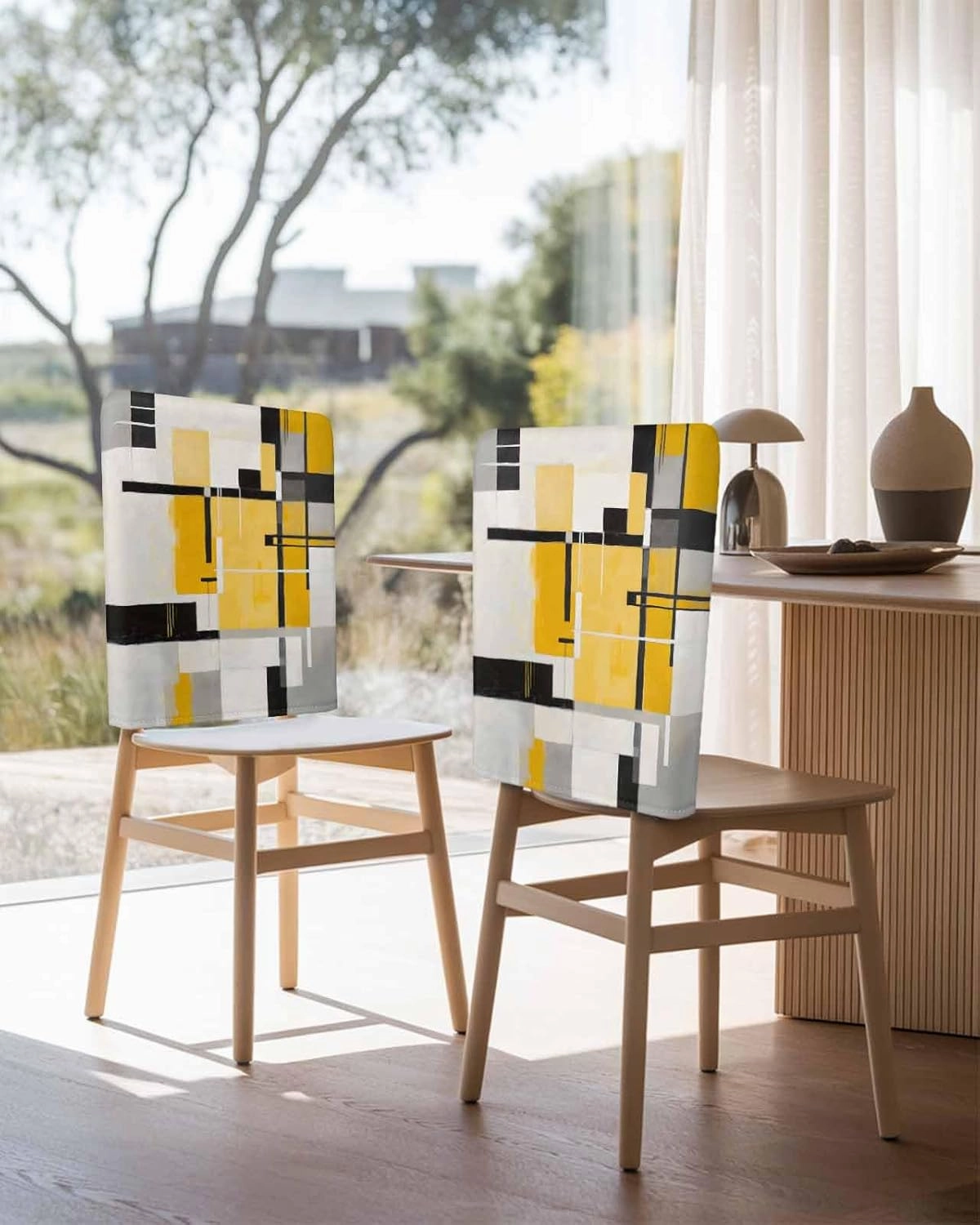 Dining Room Chair Back Covers Set of 4 Abstract Geometric Artwork Removable Kitchen Chair Seat Covers Protector Yellow Black Gray Patchwork Slipcovers for Weeding Holiday Party Decor