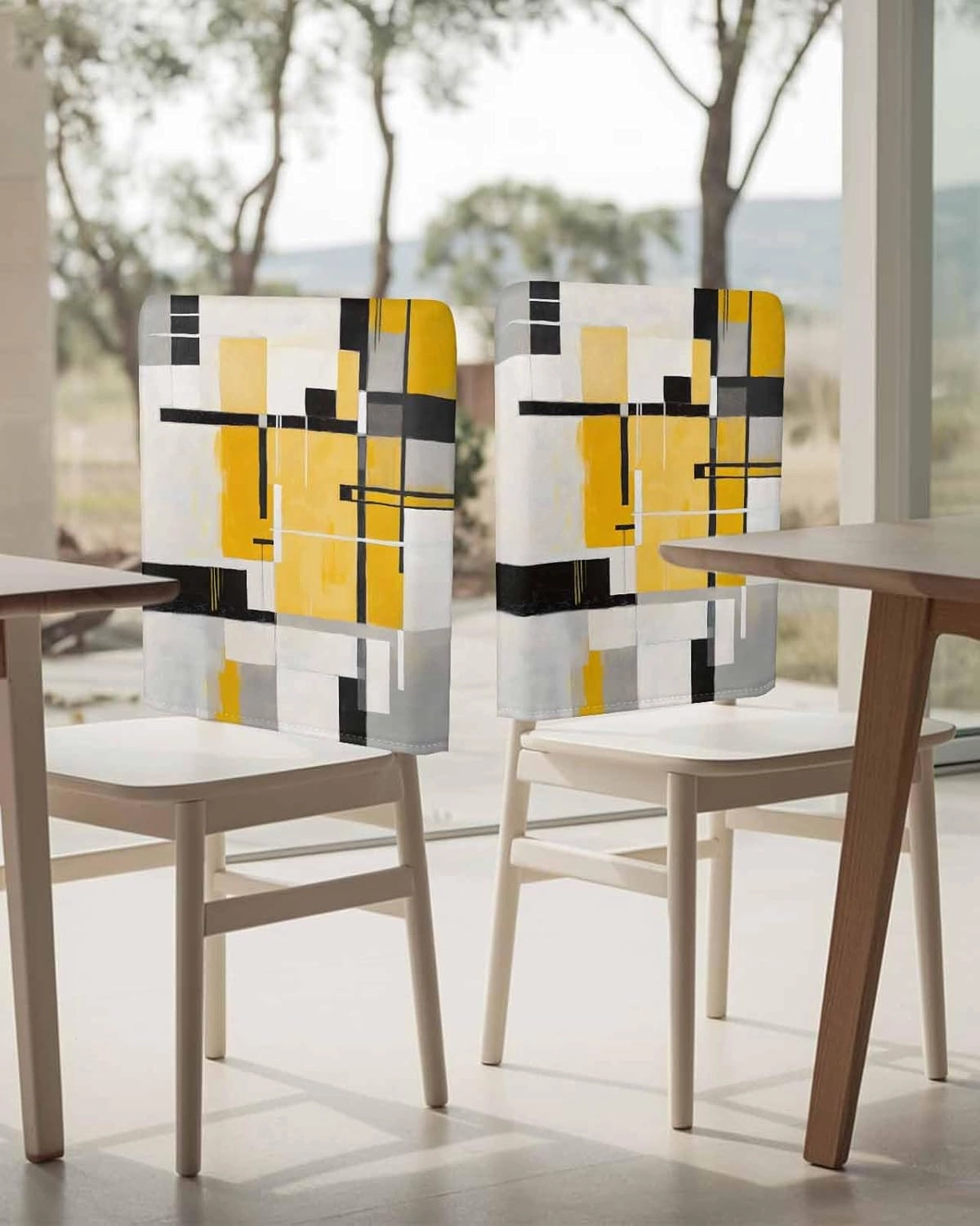 Dining Room Chair Back Covers Set of 4 Abstract Geometric Artwork Removable Kitchen Chair Seat Covers Protector Yellow Black Gray Patchwork Slipcovers for Weeding Holiday Party Decor