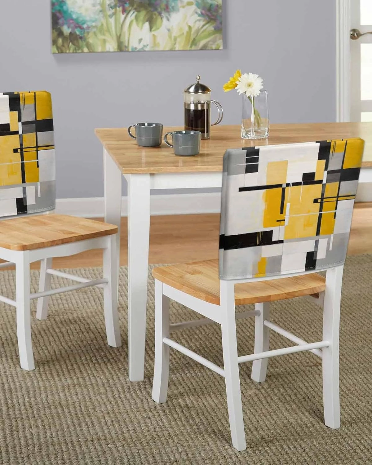 Dining Room Chair Back Covers Set of 4 Abstract Geometric Artwork Removable Kitchen Chair Seat Covers Protector Yellow Black Gray Patchwork Slipcovers for Weeding Holiday Party Decor