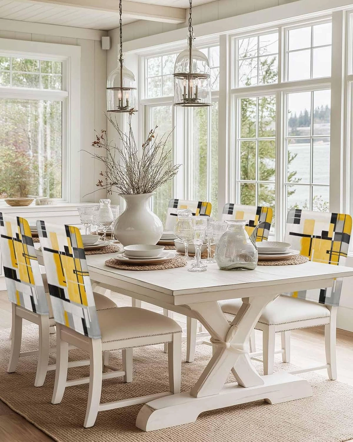 Dining Room Chair Back Covers Set of 4 Abstract Geometric Artwork Removable Kitchen Chair Seat Covers Protector Yellow Black Gray Patchwork Slipcovers for Weeding Holiday Party Decor