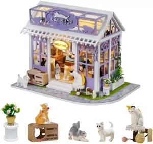 DIY Dollhouse Miniature Kit, Mini Cat Pet Shop Puzzle Model 1:24 Scale Kitten Dolls House Furniture Accessories and LED Lights Kid Teen and Adult Build Gift (Cat Store)
