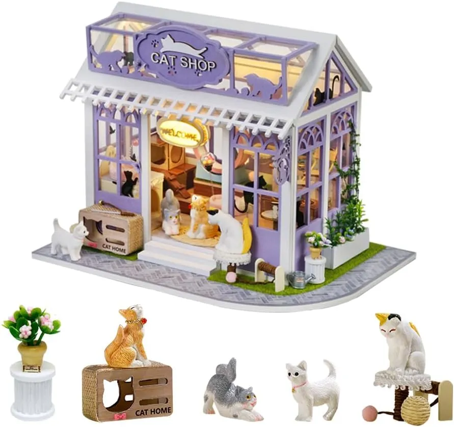 DIY Dollhouse Miniature Kit, Mini Cat Pet Shop Puzzle Model 1:24 Scale Kitten Dolls House Furniture Accessories and LED Lights Kid Teen and Adult Build Gift (Cat Store)