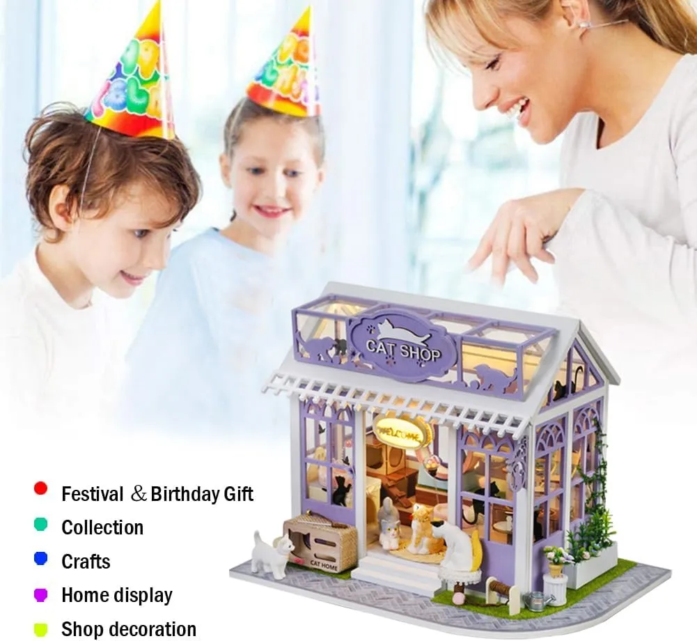 DIY Dollhouse Miniature Kit, Mini Cat Pet Shop Puzzle Model 1:24 Scale Kitten Dolls House Furniture Accessories and LED Lights Kid Teen and Adult Build Gift (Cat Store)