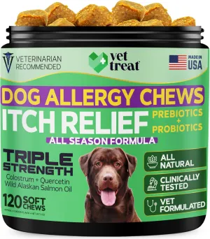 Dog Allergy Relief Chews – Hot Spot & Itch Relief for Dogs with Salmon Oil, Fish Oil, Colostrum, Quercetin & Probiotics – Omega 3 Support for Dry Skin, Coat & Immune Health – Made in USA – 120 Chews