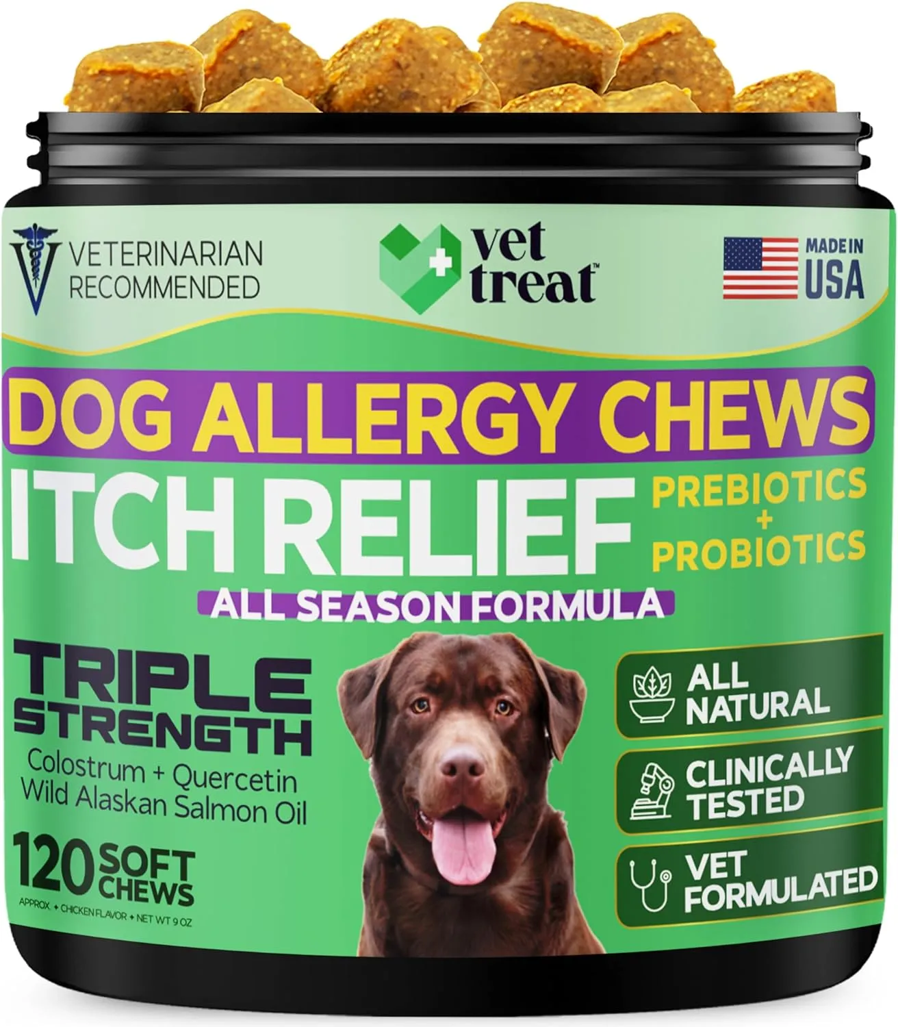 Dog Allergy Relief Chews – Hot Spot & Itch Relief for Dogs with Salmon Oil, Fish Oil, Colostrum, Quercetin & Probiotics – Omega 3 Support for Dry Skin, Coat & Immune Health – Made in USA – 120 Chews