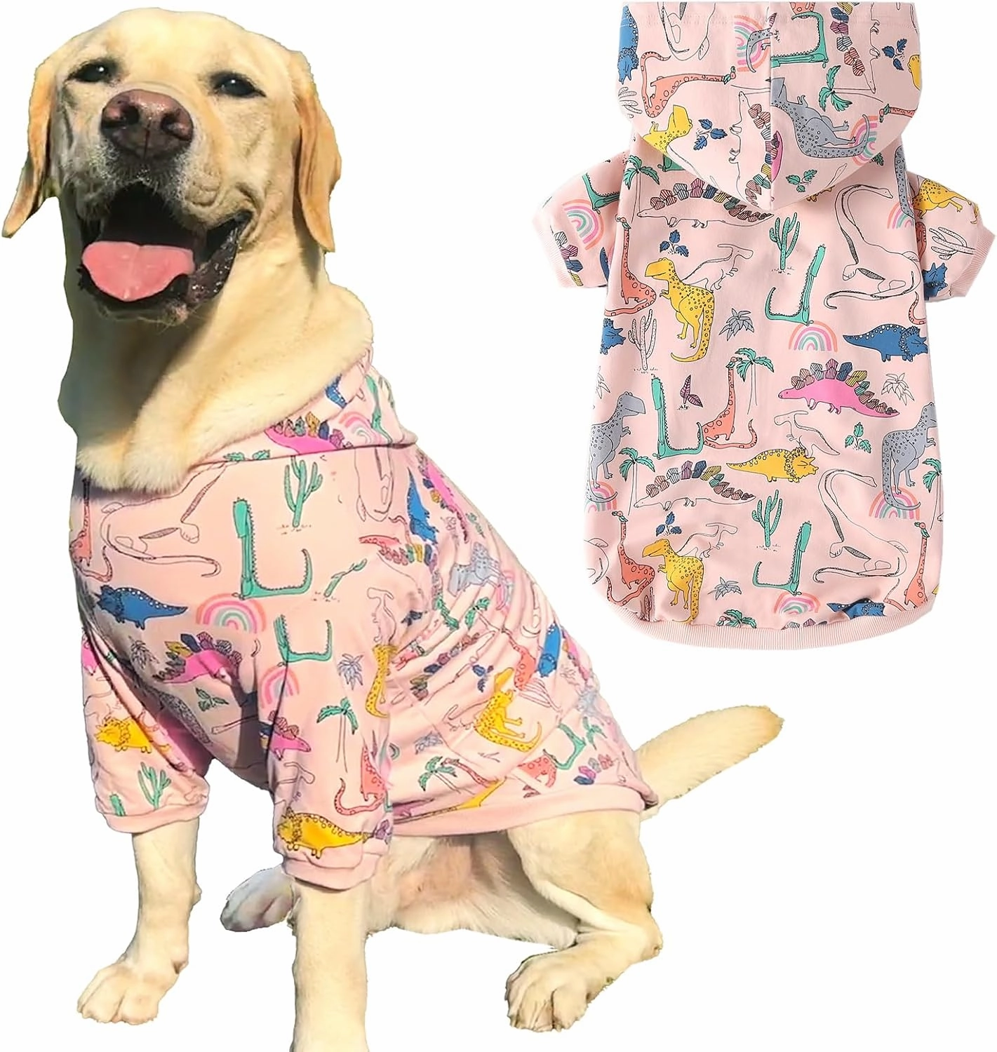 Dog Cotton Hoodie Pullover Sweatshirts Soft and Stretch Pets Clothes Colorful Dinosaur Hooded for Large Dogs（Pink Dino XL）