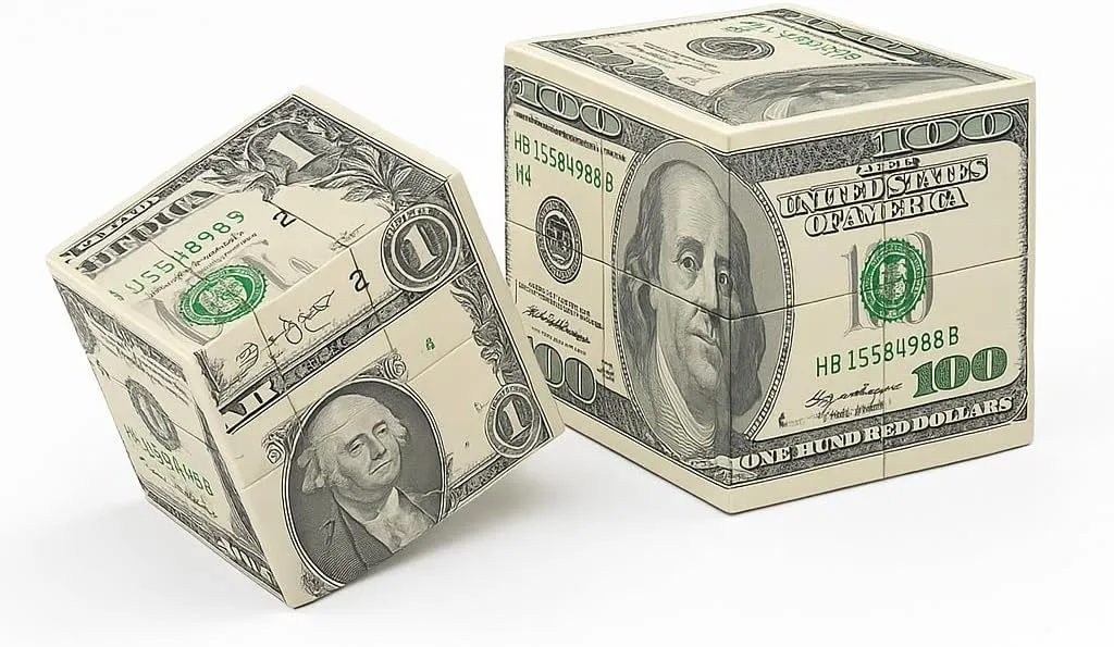 Dollar Bill Speed Cube 3x3: One & Hundred Dollar Notes Bill US Currency UV Printing Magic Cube Puzzle - 2.2" Smooth Turning Brain Teaser for Adults Collectors Gifts - Office Relief Stress Desk Decor