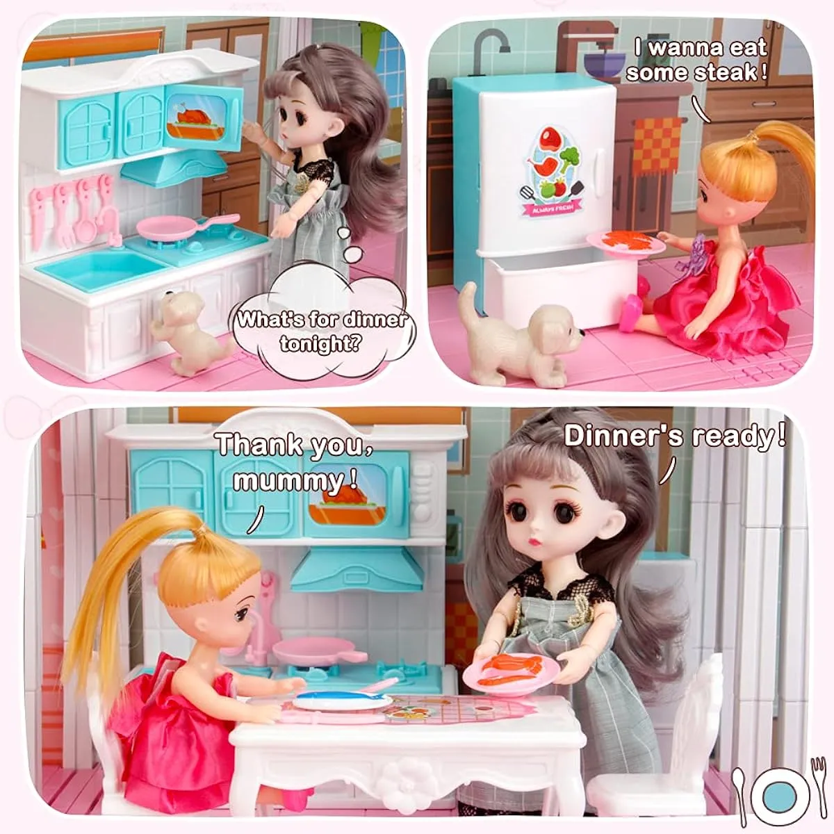 Dollhouse Dream House Building Toy Set with 5 Lights, 3 Dolls, 2 Pets, Princess Dollhouse Furniture, Accessories, Stairs, Best STEM Pretend Play Toys for Girls Toddlers, 27.7" Tall (9 Rooms)