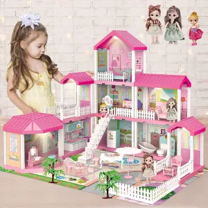 Dollhouse Dream House Building Toy Set with 5 Lights, 3 Dolls, 2 Pets, Princess Dollhouse Furniture, Accessories, Stairs, Best STEM Pretend Play Toys for Girls Toddlers, 27.7" Tall (9 Rooms)