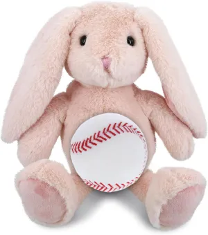 DolliBu Baby Pink Rabbit Stuffed Animal with Baseball Plush - Soft and Huggable Stuffed Rabbit Toy Gift, Cute Farm Life Animal with Plush Baseball Toy for Kids - 8 Inches