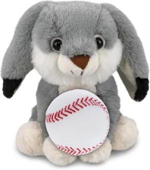 DolliBu Grey Rabbit Stuffed Animal with Baseball Plush - Huggable Farm Life Rabbit with Plush Baseball Toy Gift for Kids and Adults - 7 Inches