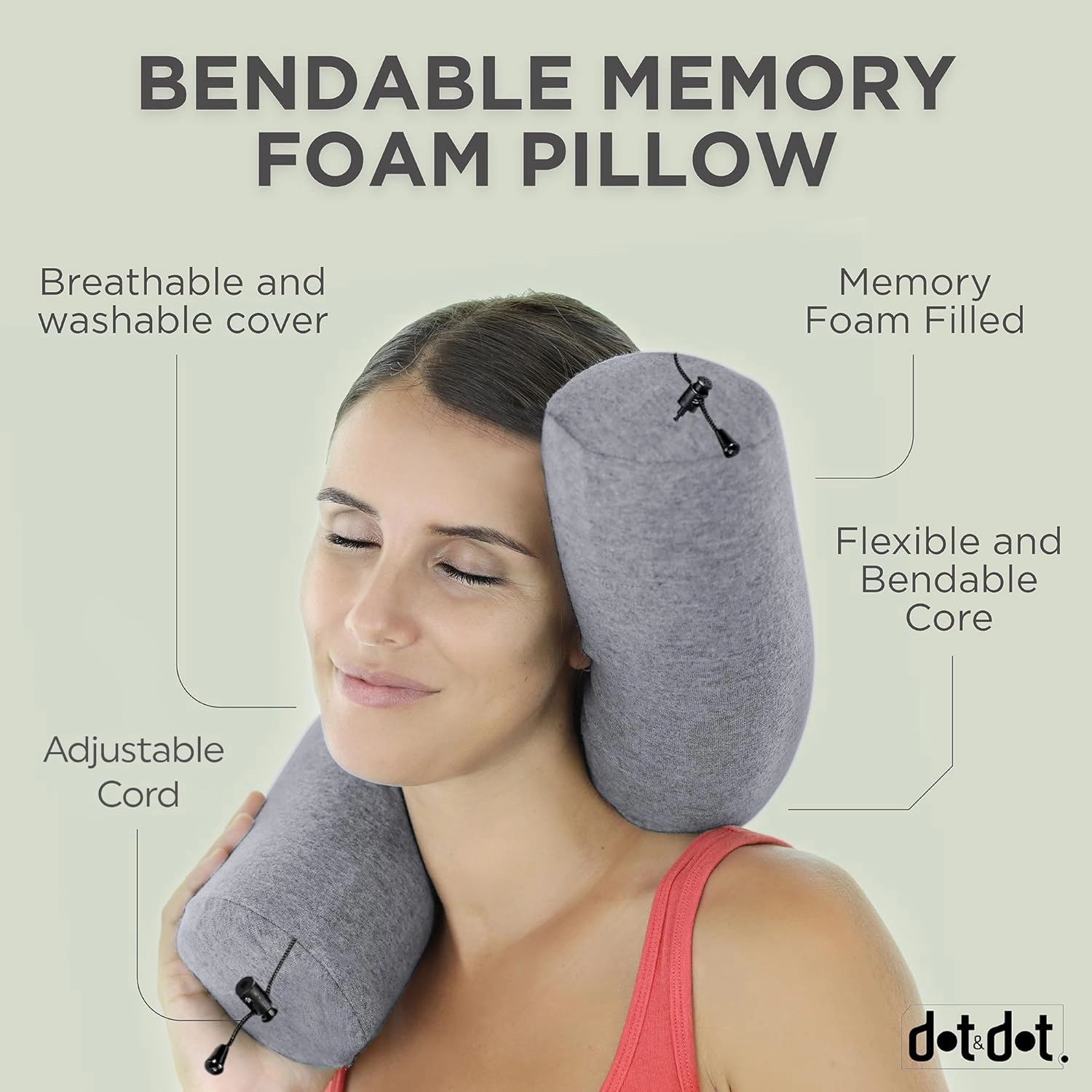 Dot&Dot Twist Memory Foam Travel Pillow for Airplanes - Travel Neck Pillow for Sleeping - Airplane Pillow for Neck Support, Chin, Lumbar and Leg - Adjustable, Bendable Neck Roll Pillow (Gray Black AC)