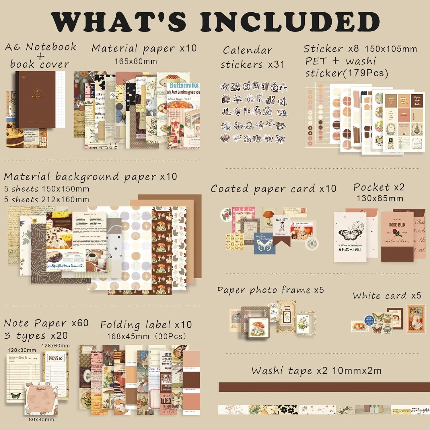 Draupnir Vintage Aesthetic Scrapbook Kit(346pcs), Bullet Junk Journal Kit with Journaling/Scrapbooking Supplies, Stationery, A6 Grid Notebook Graph Ruled Pages.DIY Gift for Teen Girl Kid Women.