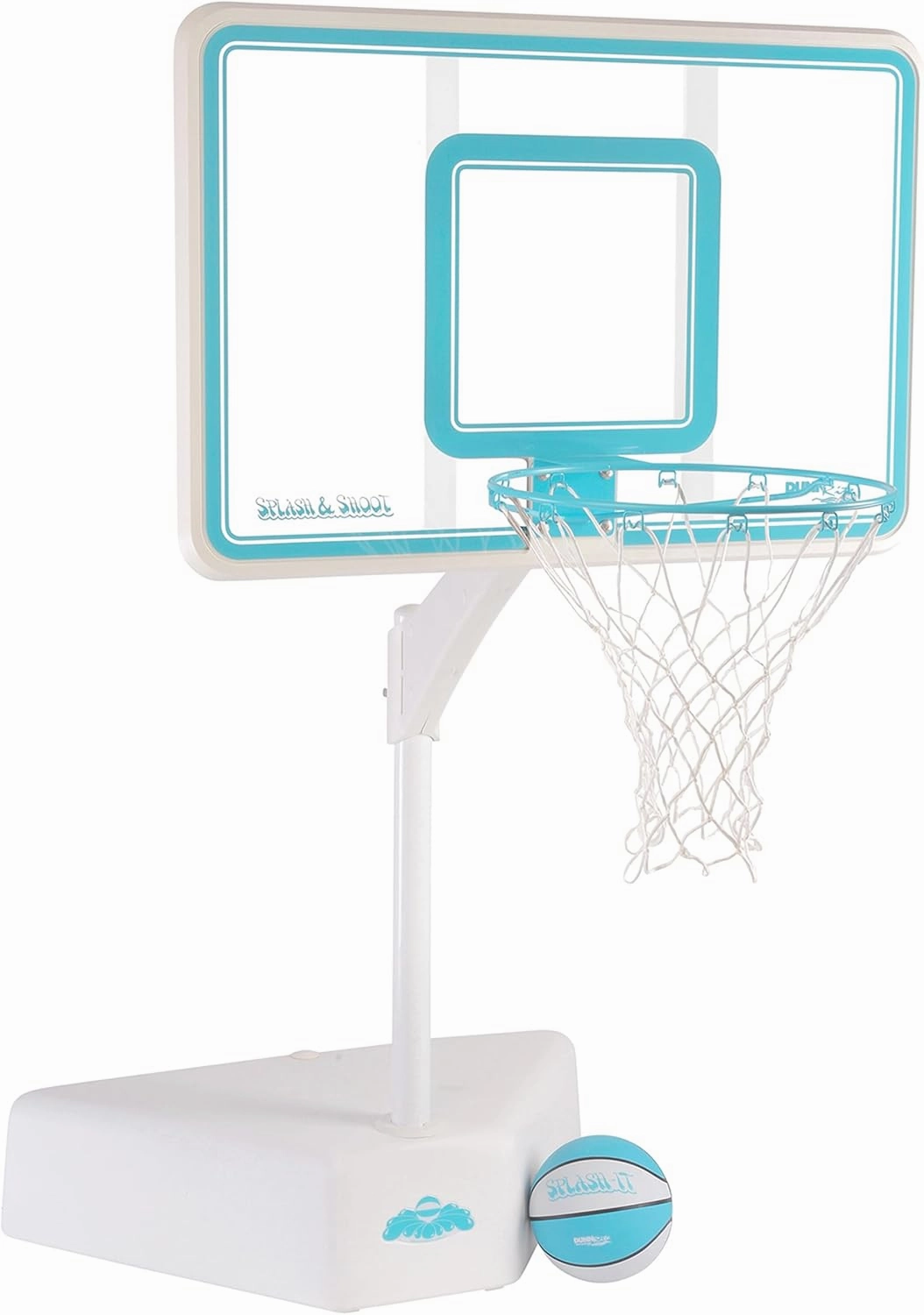 Dunn-Rite Splash & Shoot Outdoor Adjustable Height Swimming Pool Basketball Hoop w/Ball, Base, & 18 Inch Stainless Steel Rim, Made in USA, Clear