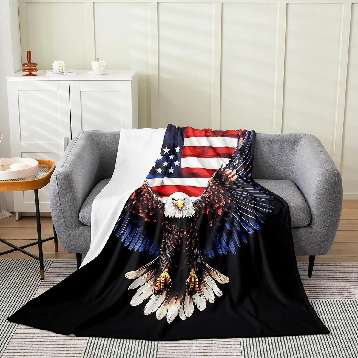 Eagle Fleece Blanket Twin 60x80 Inch - Ultra-Soft for Couch Sofa Bed American Flag Flannel Blanket United States Fuzzy Plush Throw for Kids Room Cute Animal Bird Retro Room Decor