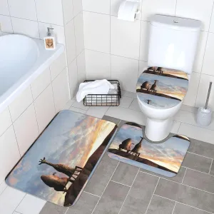 Elephant Giraffe On A Mountain Top Sunset Memory Foam Bathroom Rugs Sets 3 Piece 28.3x15.7in Non-Slip & PVC Backing Bathroom Mat Set Washable Quick Dry Bathroom Rug