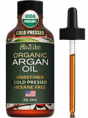 Ella & Eden Organic Argan Oil for Hair, Face & Skin | Moroccan Argan Oil, USDA Certified, 100% Pure, Cold-Pressed, Unrefined, Glass Bottle – 4 Oz
