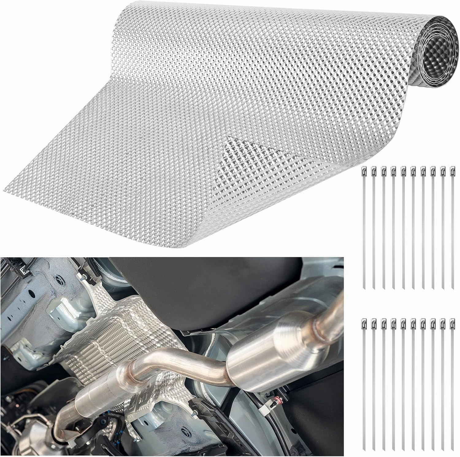 Embossed Exhaust Heat Shield Automotive, 12" x 39" Aluminum Exhaust Heat Wrap with 20 Pcs Cable Metal Zip Ties, Exhaust Wrap Heat Barrier Shield, Heat Wrap for Exhaust pipes