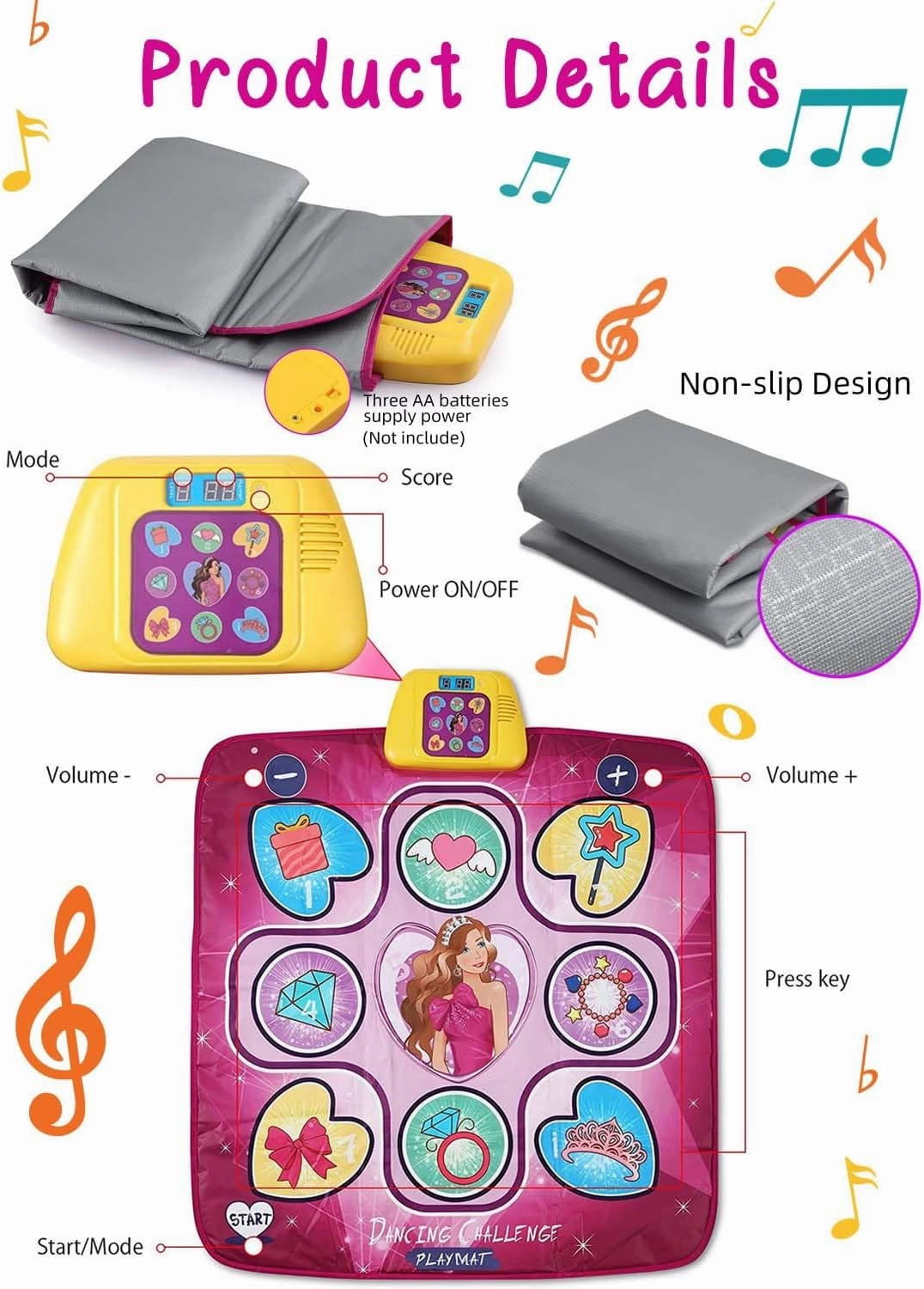 EqiEch Children's Dance Mats,Dance Mat Games Toys, Musical Dancing Challenge Pad Game,Electronic Dance Pad with 3 Game Modes, 5 Challenge Levels,Built-in Music,Birthday Gifts for Kids