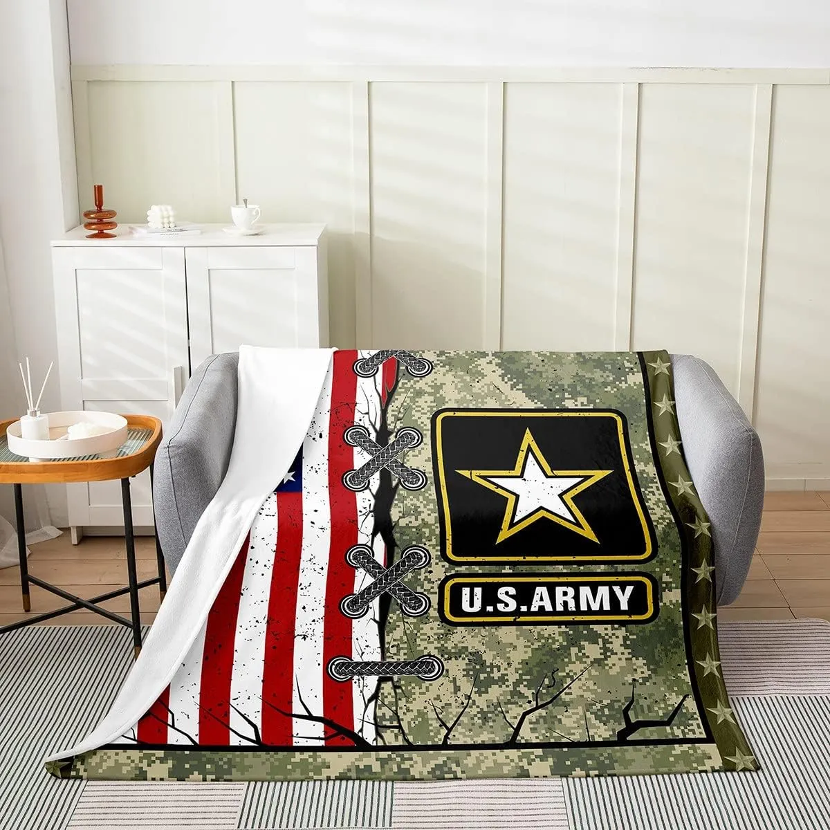 Erosebridal American Flag Blanket Twin 60x80 for Adult Boys Army Green Camo Throw Blanket Kids Men Vintage USA Flag Fleece Blanket Youth Girls Retro Military Camouflage Grunge Stripes Bed Blanket